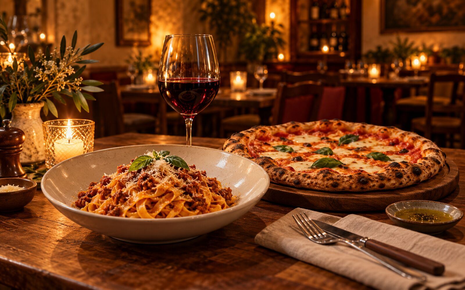 Illustrative candle-lit Italian dinner table with pasta, pizza and red wine